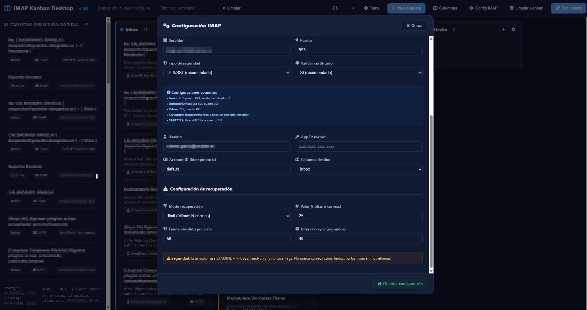 Captura de KanbanIMAP Desktop: tablero Kanban con emails